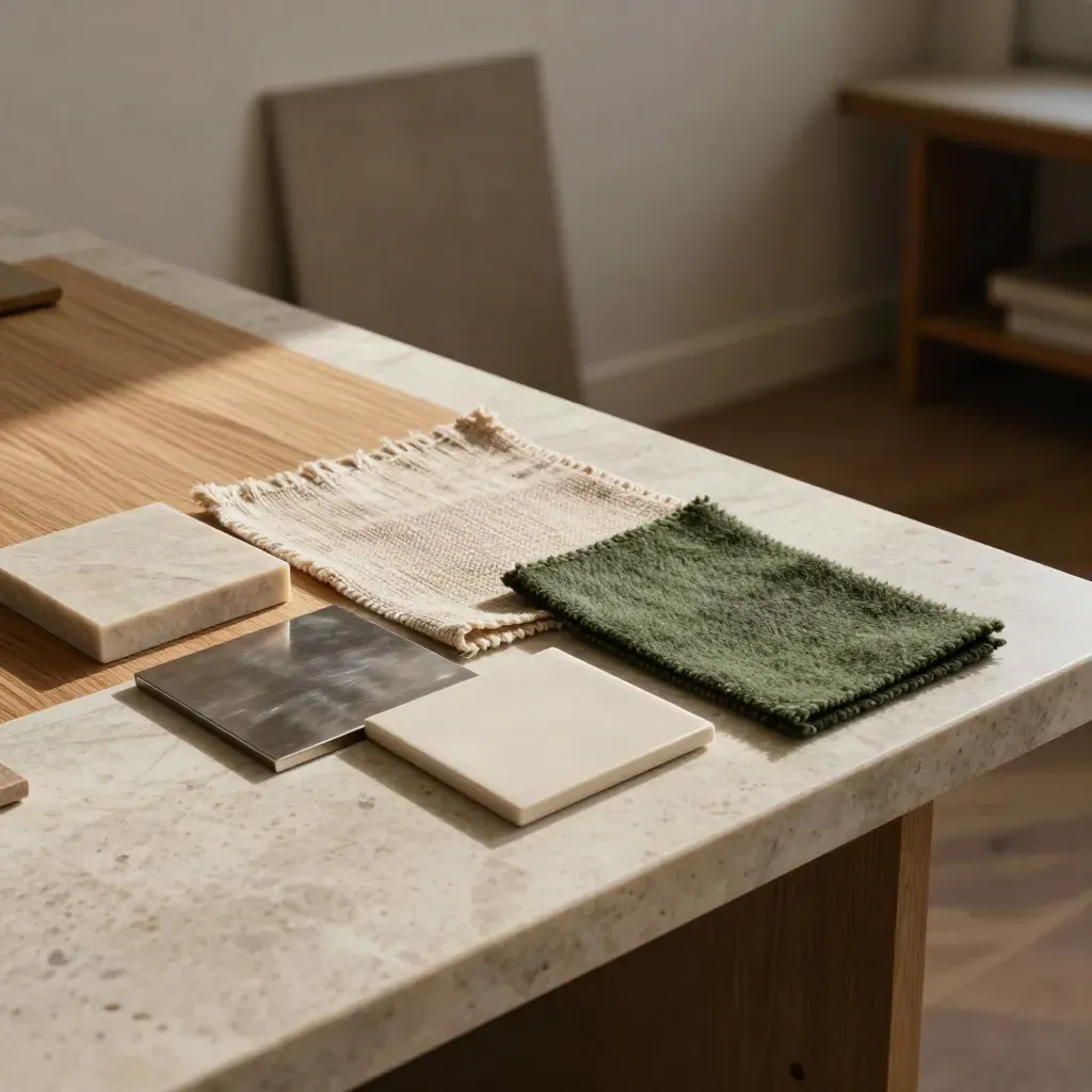 Materialprov i trä, sten, textil, metall och keramik i ett dramatiskt rum med grön accent.