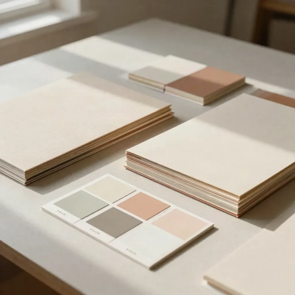 Fysiskt visuellt guidesystem med färgchip, materialprover och sluten mapp på ett varmt studiobord.