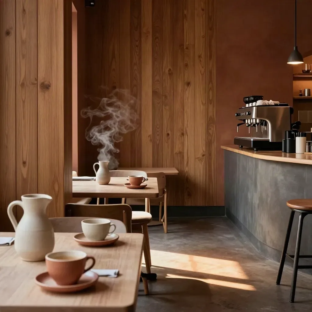 Kvällsljus i ett Uppsala-kafé med träpanel, ljusa bord, keramik och varm stämning.
