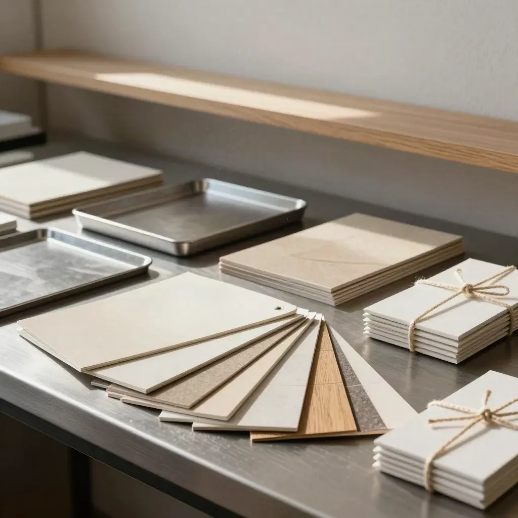 Färgsystem med swatchkort, materialchips och bundna prover på en ljus studioyta.