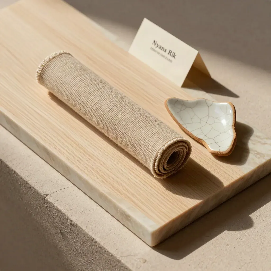 Materialprov med träfaner, sten, textil och glaserad keramik i varm diagonal uppställning.