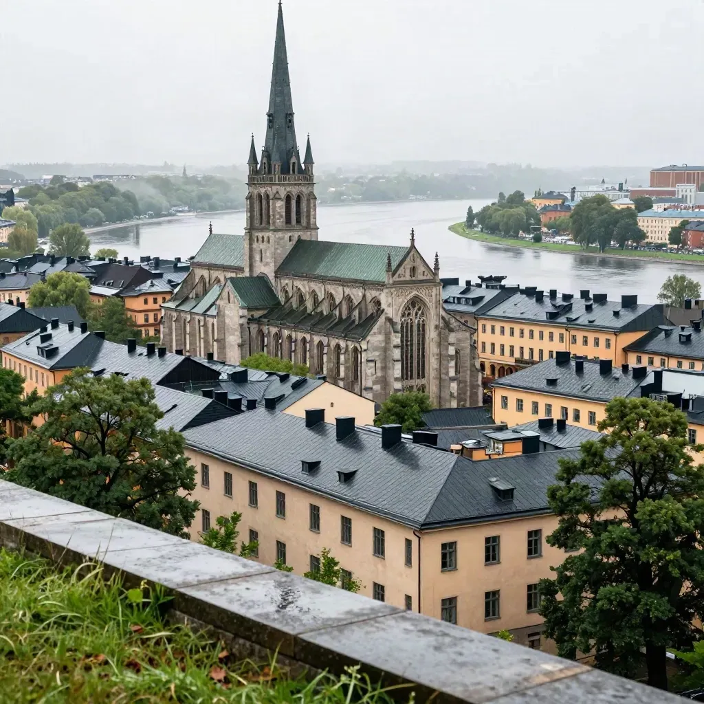 Uppsala domkyrkas spira över tak, lugn å och grön förgrund i mjukt efterregnsljus.