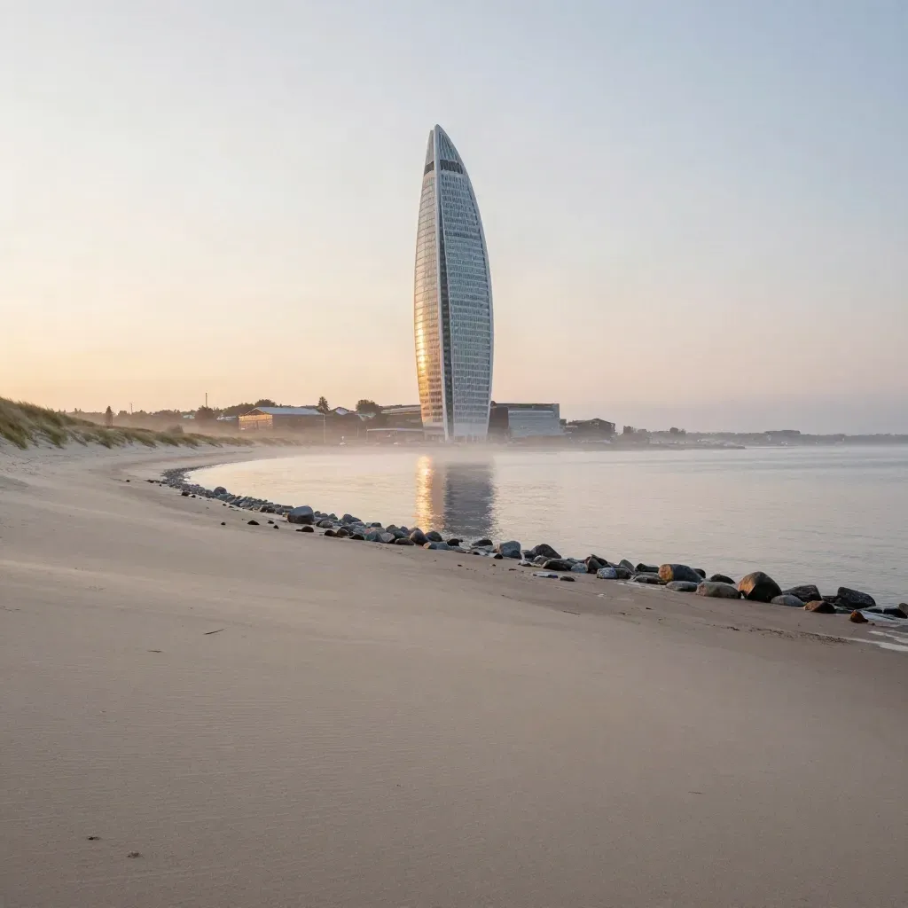 Turning Torso över stilla kust och sand i varm skymning.